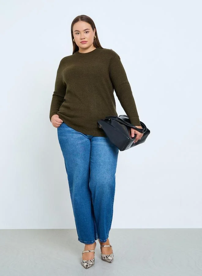 Plus Size Regular Fit Knit Sweater with Button Detail